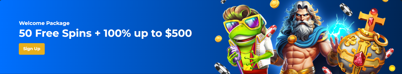 Details of the five hundred dollar match bonus and fifty free spins