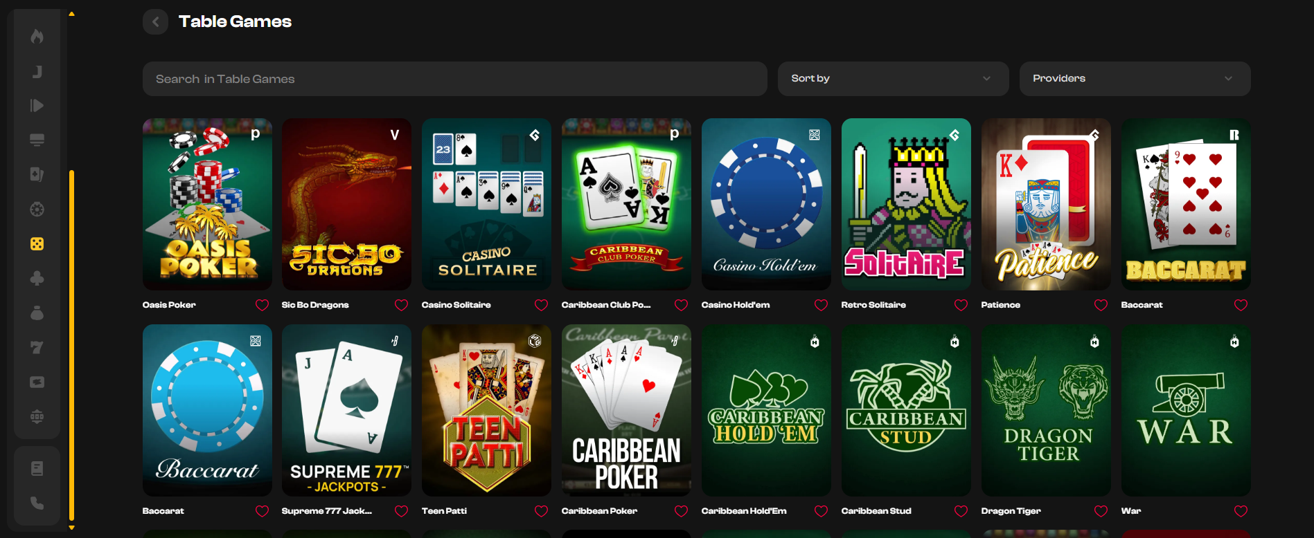 An extensive collection of classic card games including blackjack and various roulette variants