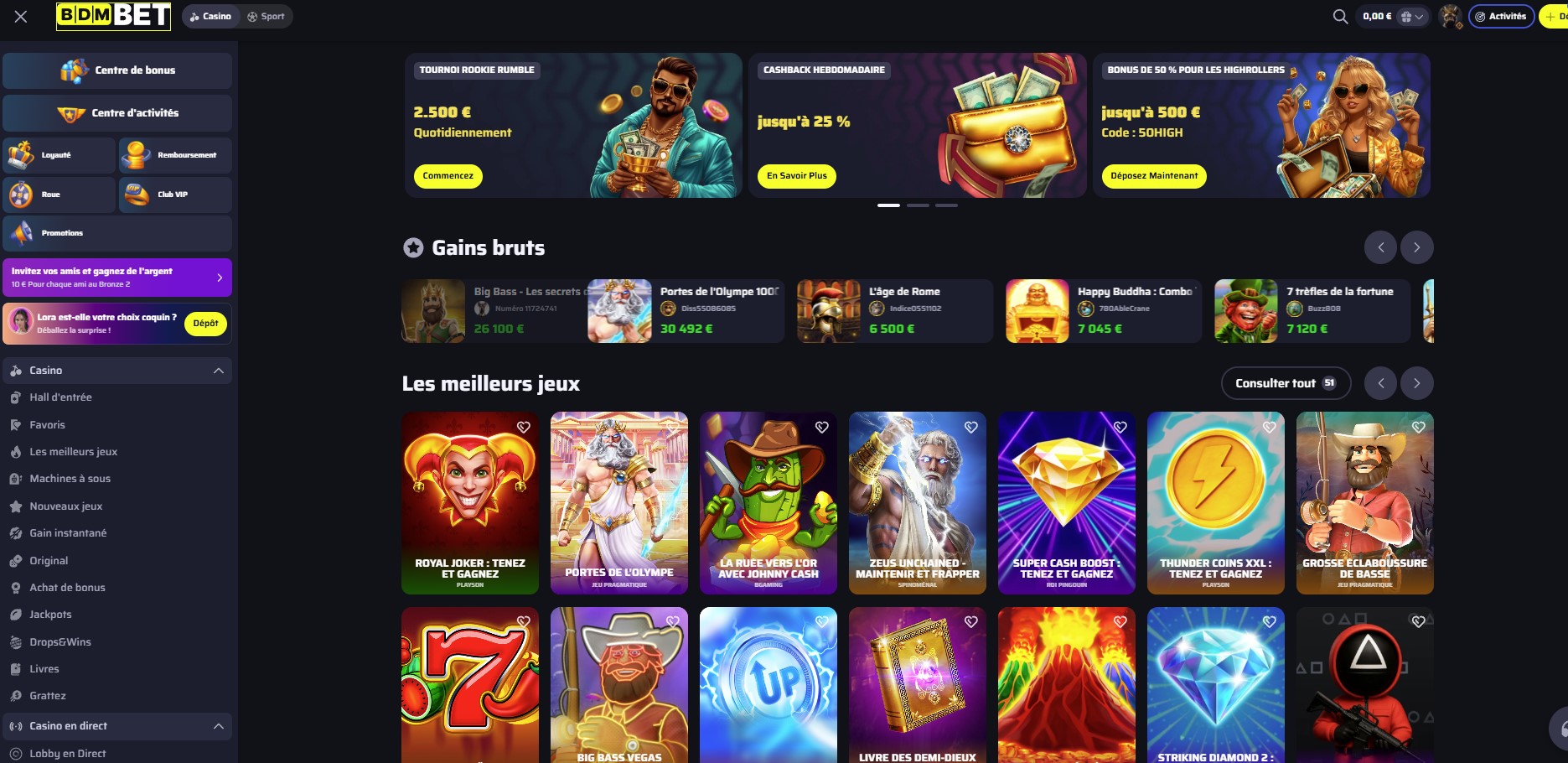 L'interface d'accueil de BdmBet Casino offrant une expérience de jeu exceptionnelle.