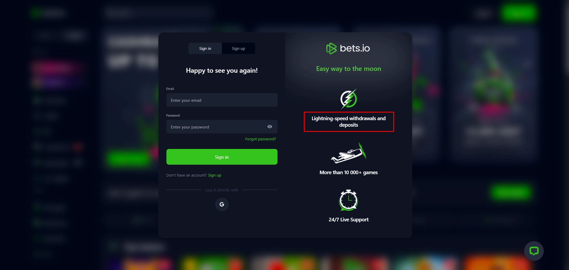 Bets.io login screen highlighting lightning speed deposits and withdrawals for crypto
