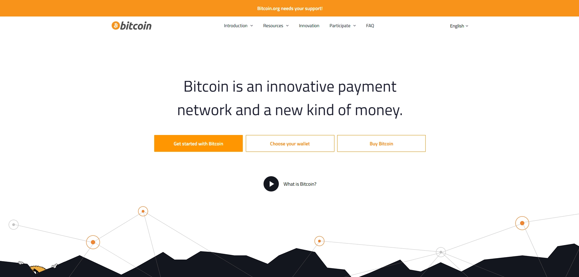 Bitcoin cryptocurrency homepage showing innovative payment solutions and new digital money