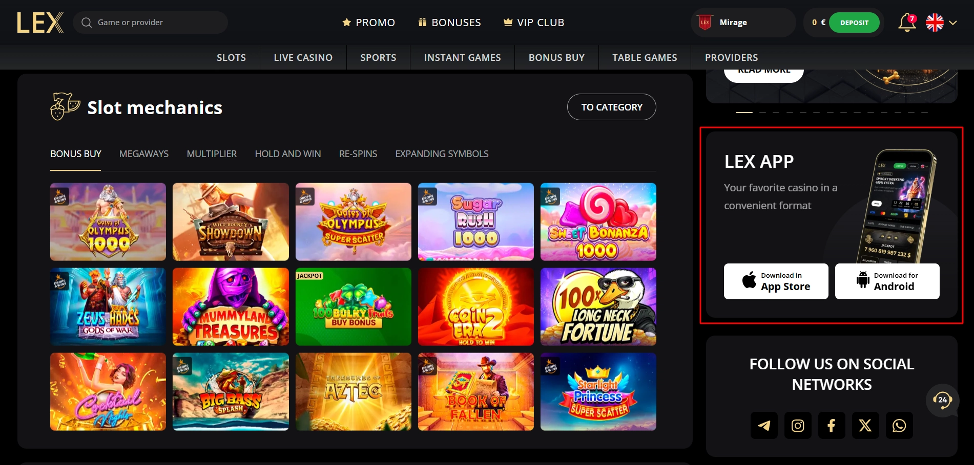 Lex Casino homepage advertisement highlighting the dedicated mobile app download