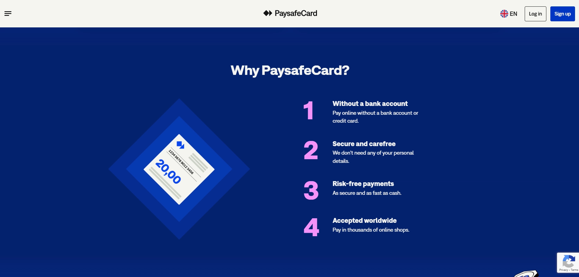 Paysafecard prepaid voucher homepage highlighting four key brand advantages and qualities