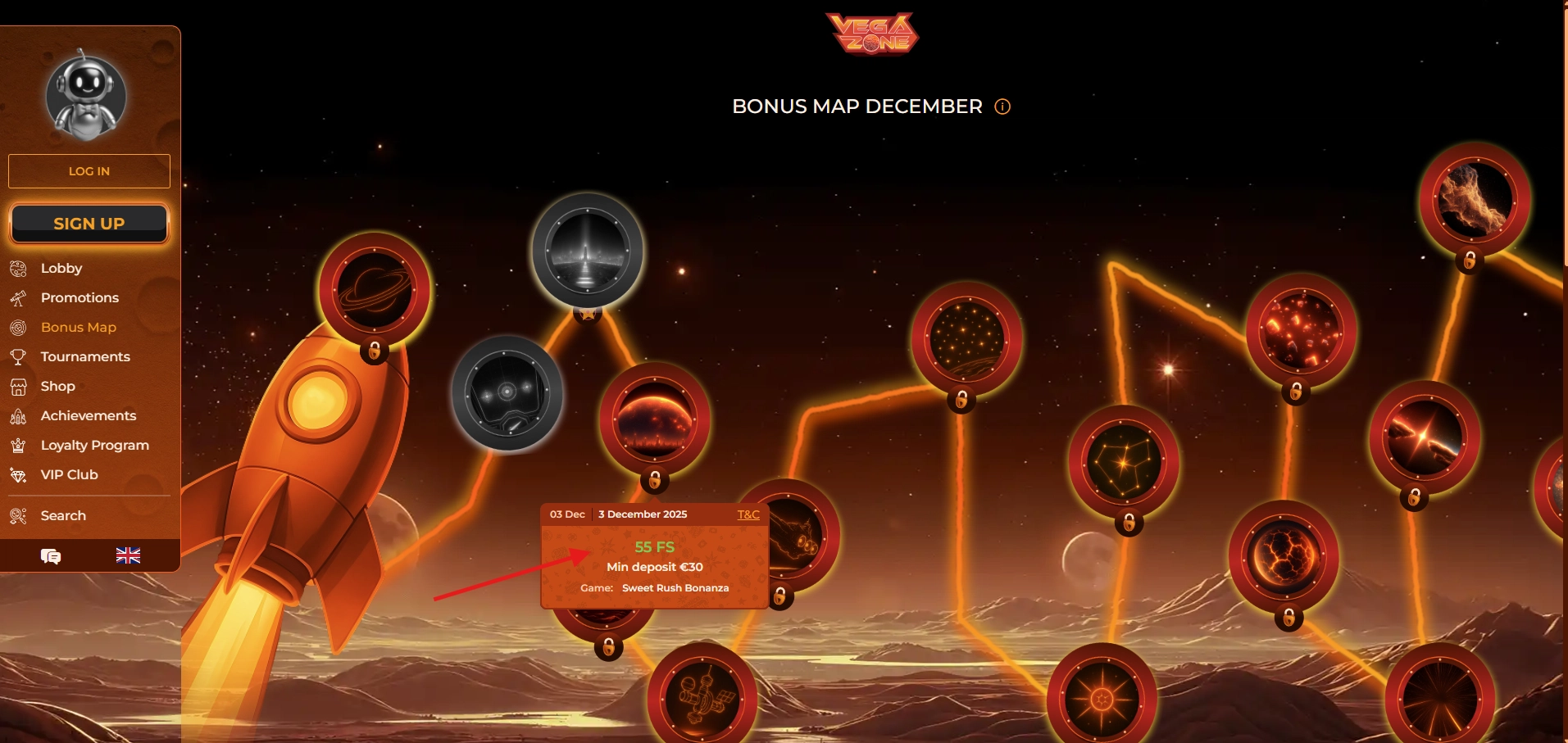 Vegazone casino bonus map offering fifty-five free spins to players