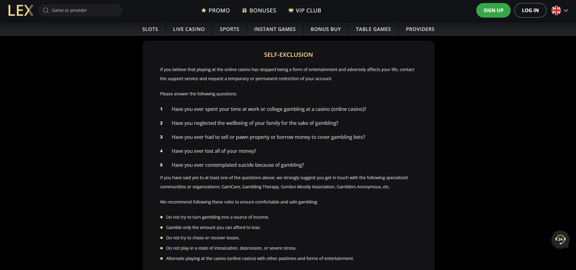 Responsible gaming tools and safety features displayed on Lex Casino interface
