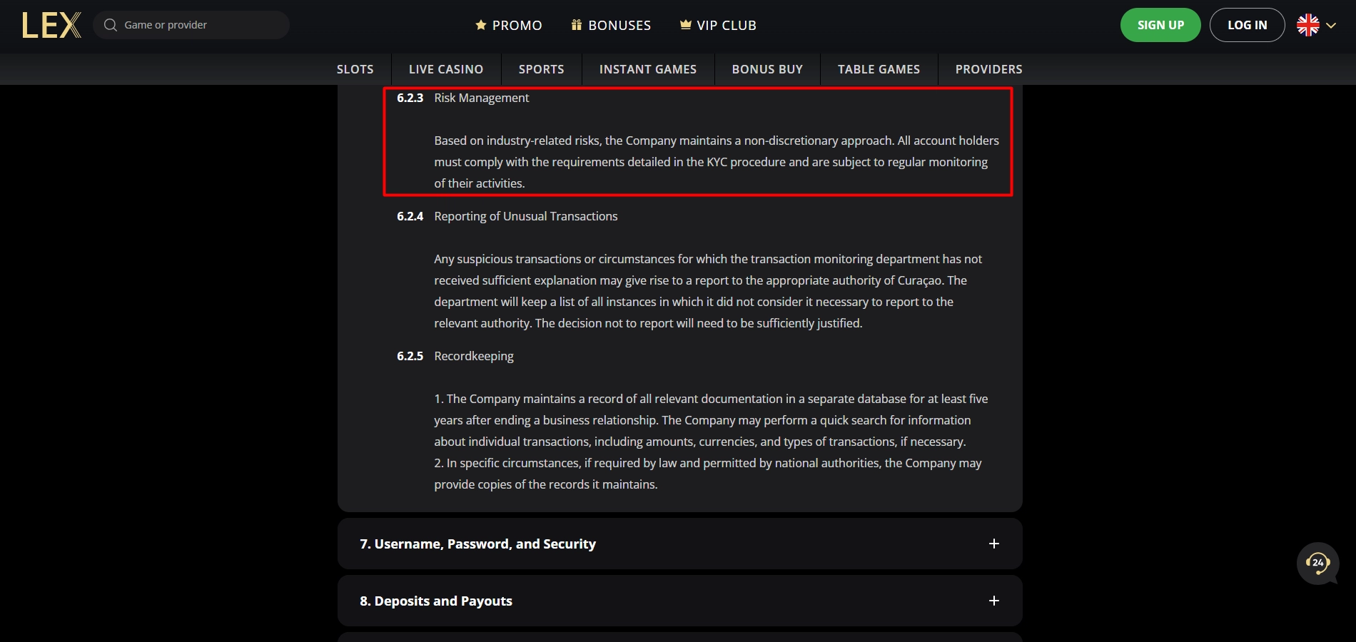 Risk management page at Lex Casino detailing verification steps for security