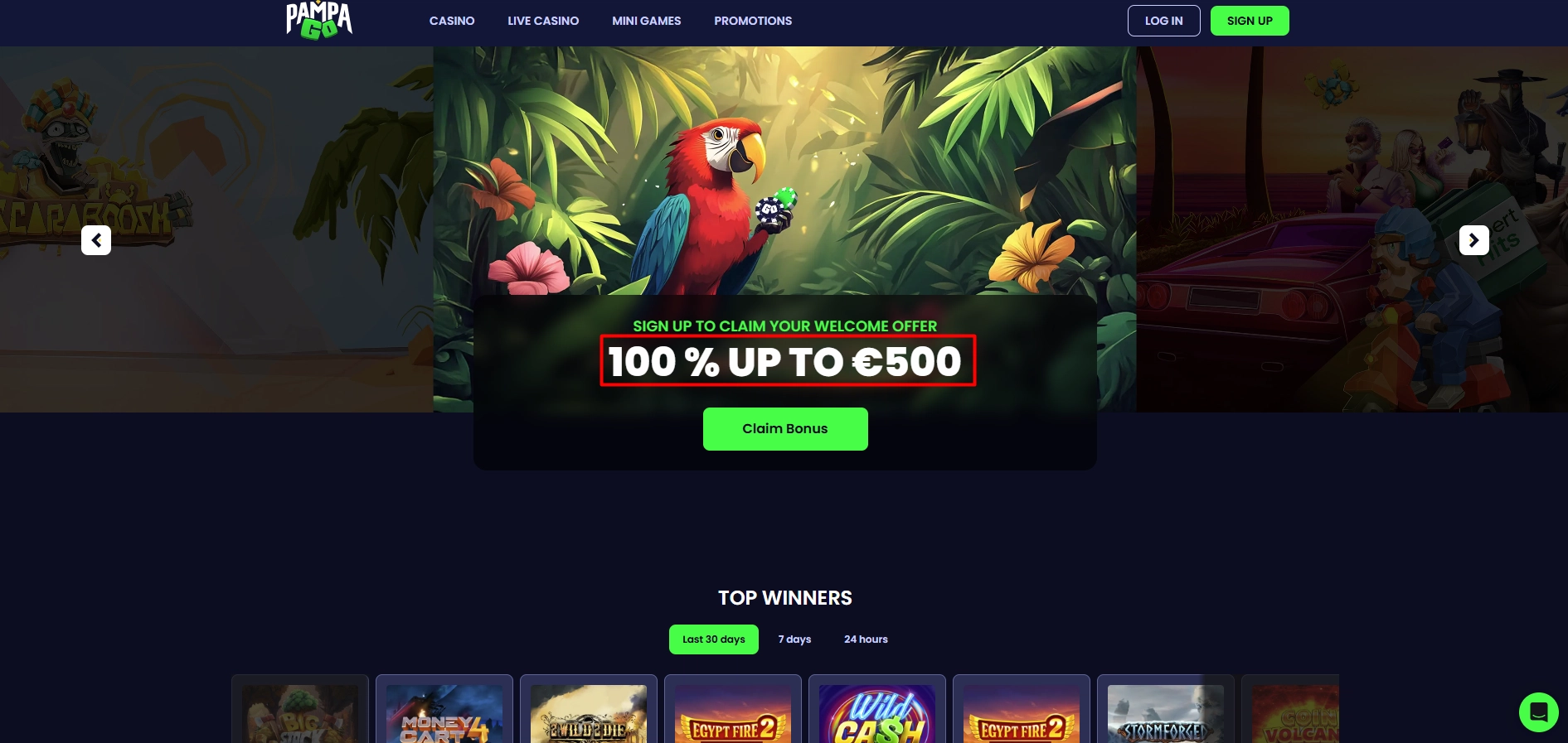 Pampago Casino bonus page showing one hundred percent welcome offer up to five hundred euro