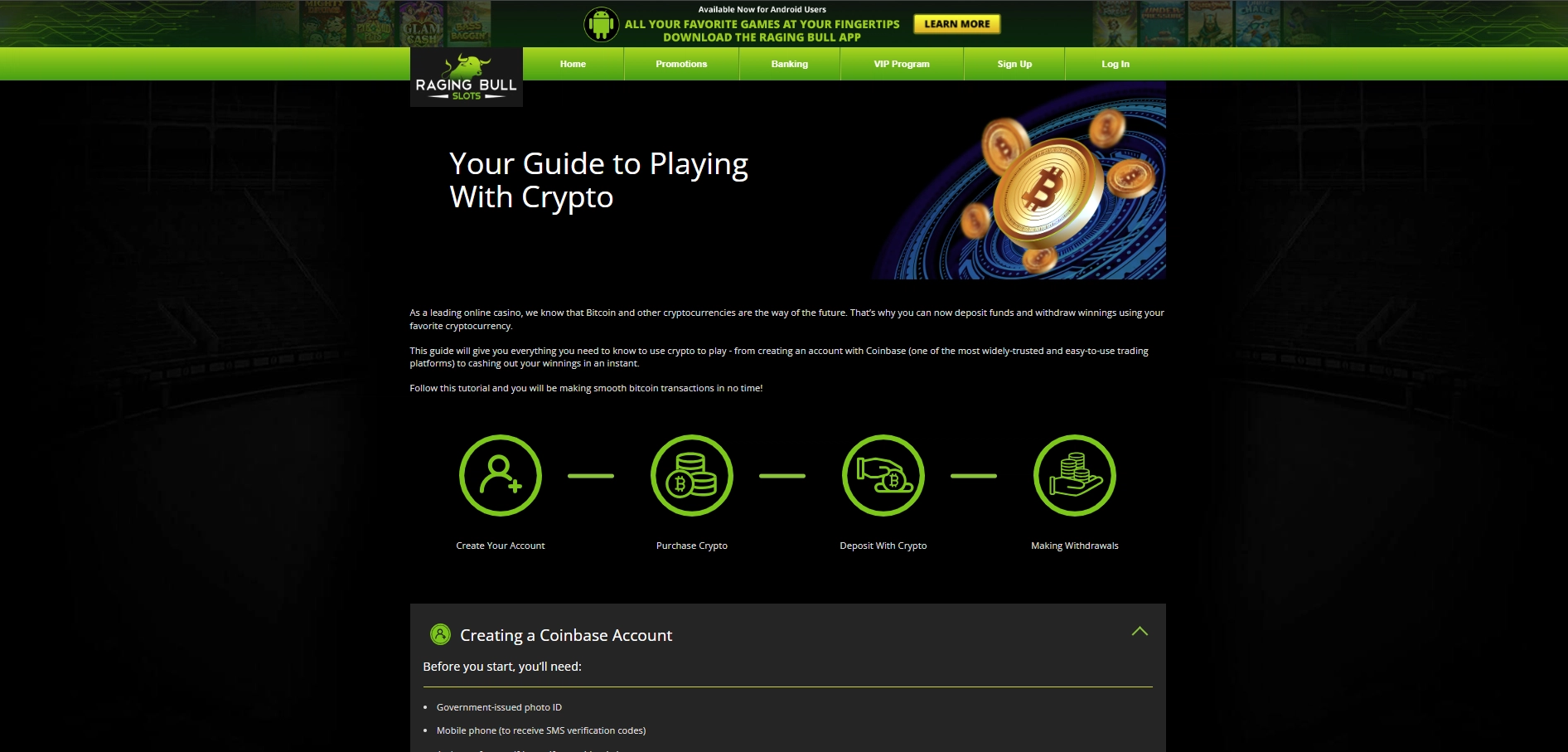 Raging Bull Slots guide on creating a Coinbase account for casino payments