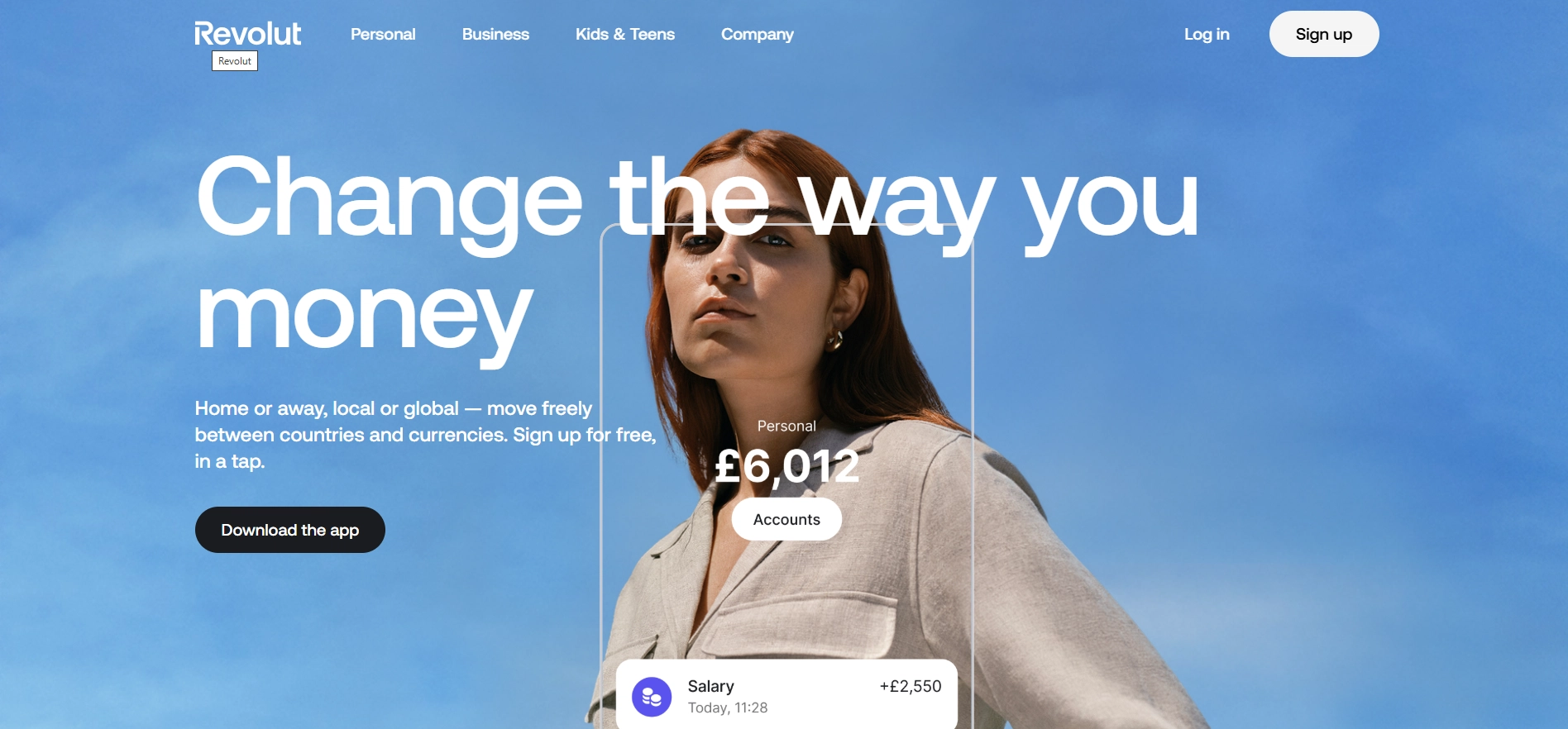 Revolut homepage showing personal and business account signup options for users