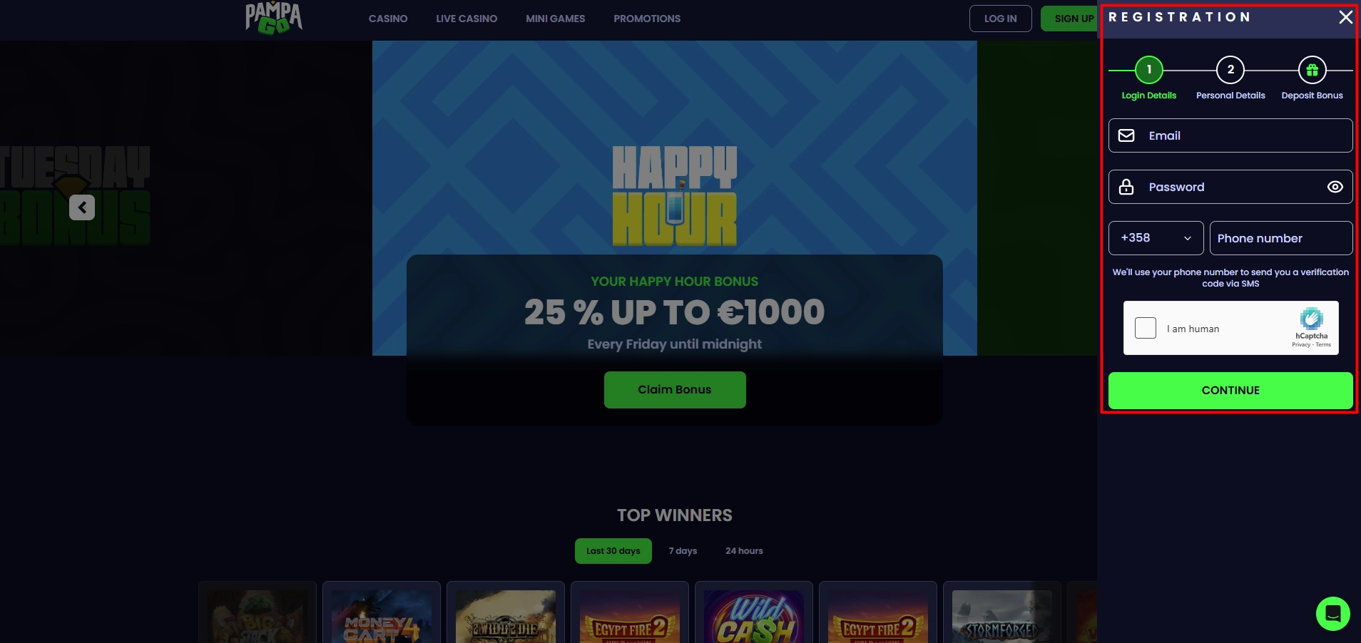 Step by step registration form displayed on the Pampago Casino website