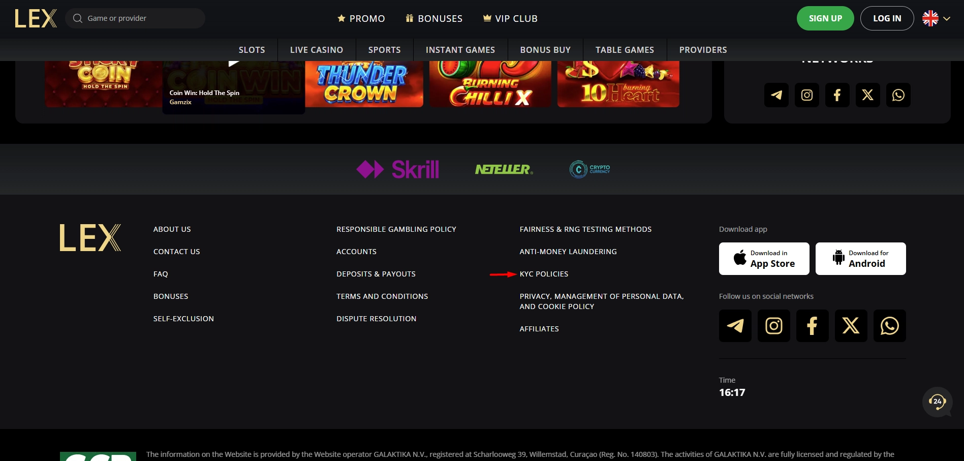 Footer section of Lex Casino showing links to official KYC policies