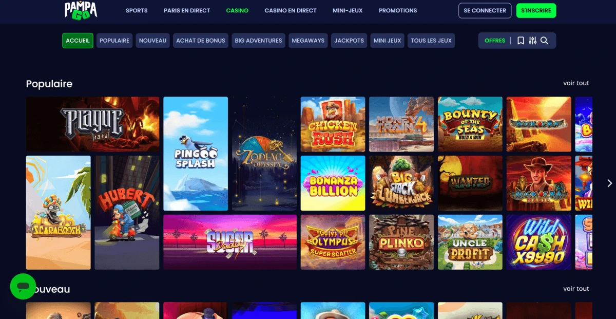 Interface moderne de PampaGo Casino affichant une ludothèque de 3500 jeux