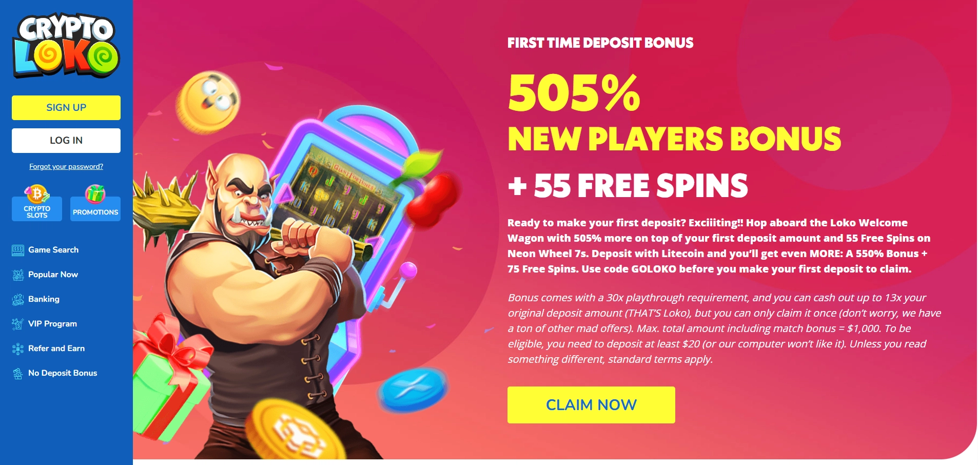 Crypto Loko welcome bonus showing five hundred five percent deposit match