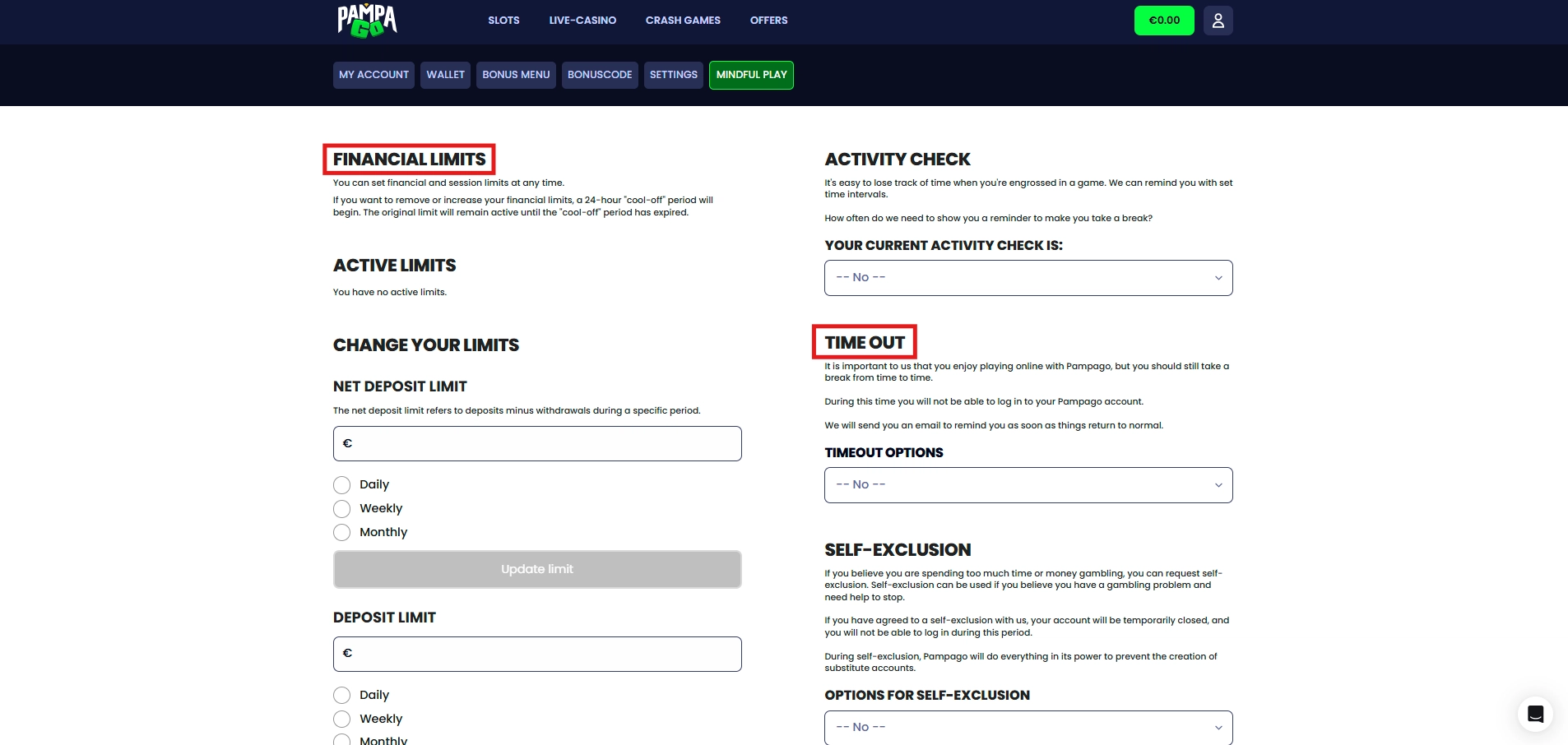 PampaGo wallet section displaying impressive responsible gambling tools for player safety