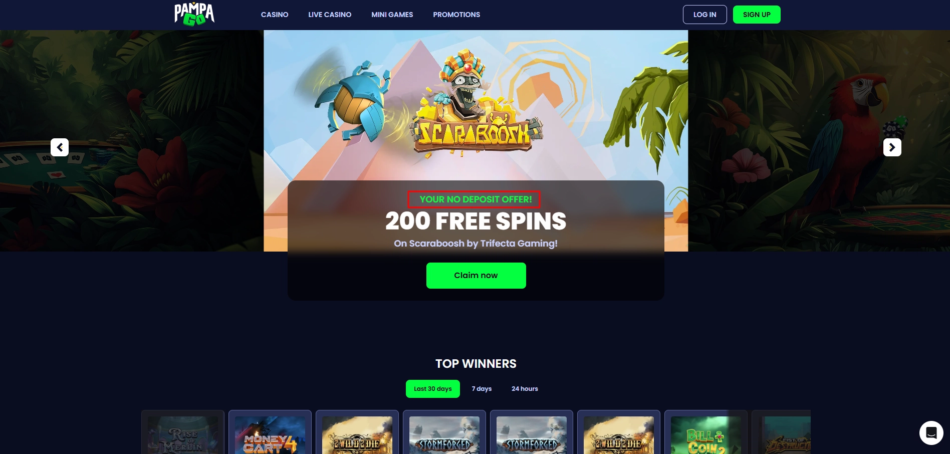 PampaGo homepage featuring the two hundred no deposit free spins bonus