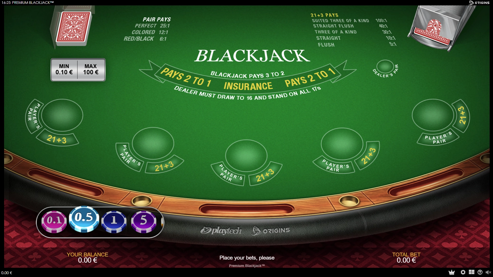 Premium Blackjack by Playtech table layout with five seats and side bets