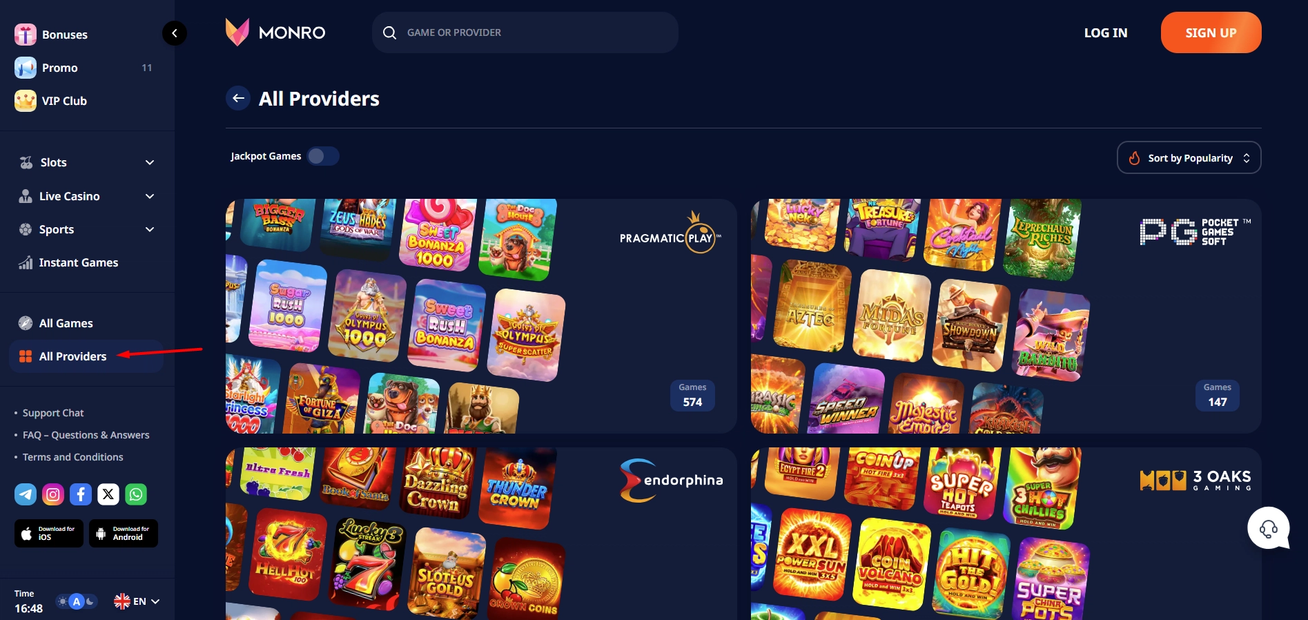 Browsing the full list of available software providers at Monro Casino