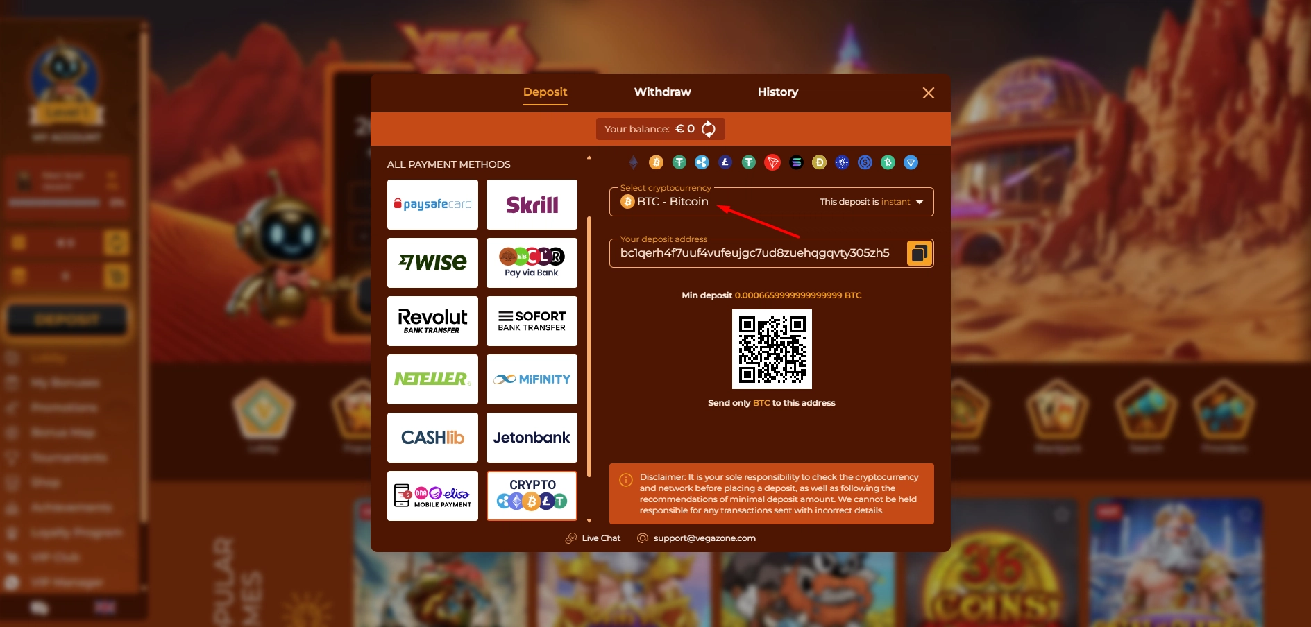 Vegazone Casino cashier displaying various cryptocurrency deposit options for players