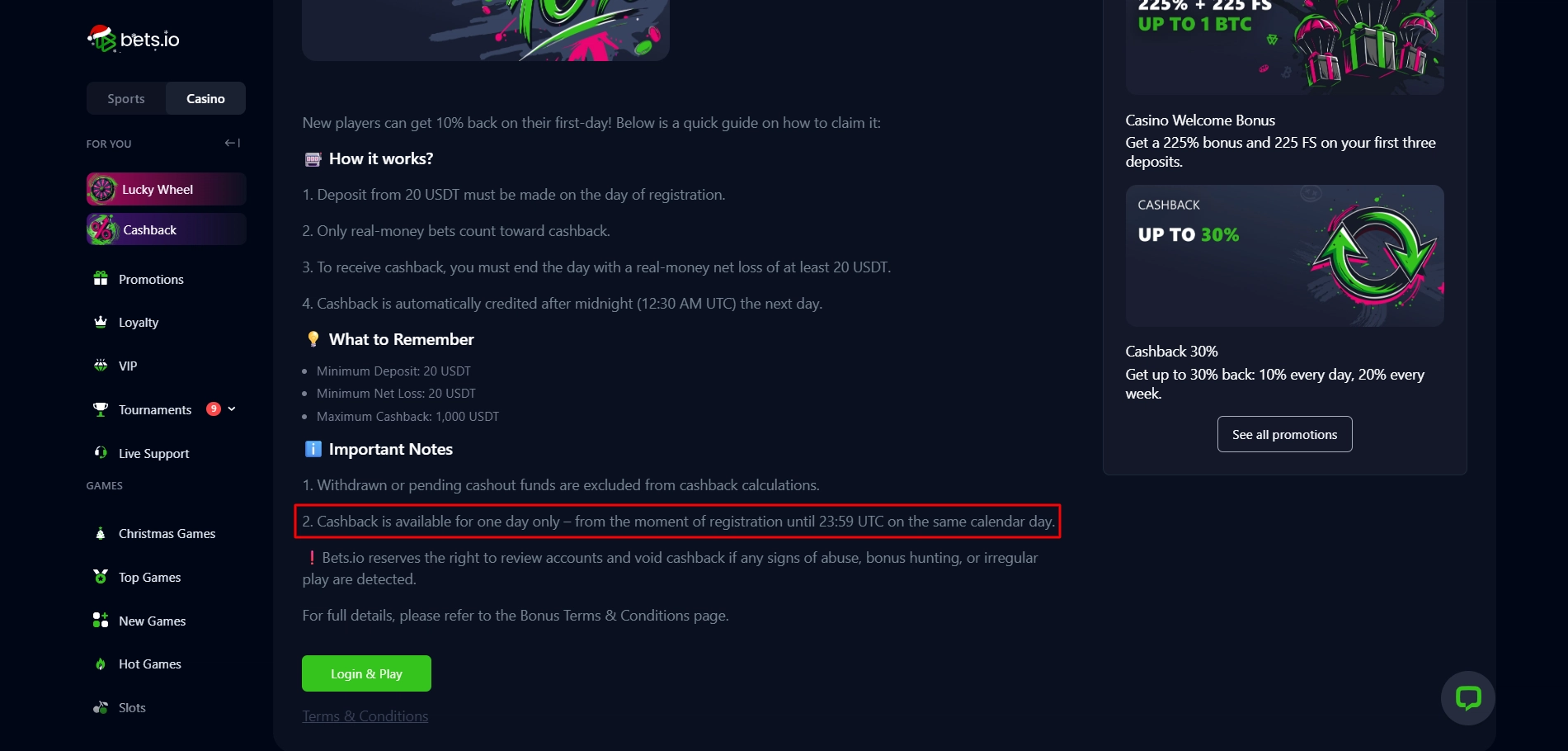 Bets.io Casino cashback bonus terms displaying strict time limits and expiry dates