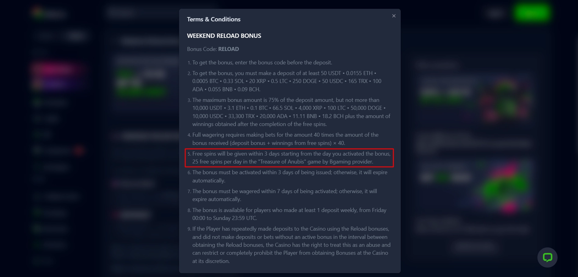 Bets.io Casino terms and conditions highlighting specific free spins game restrictions