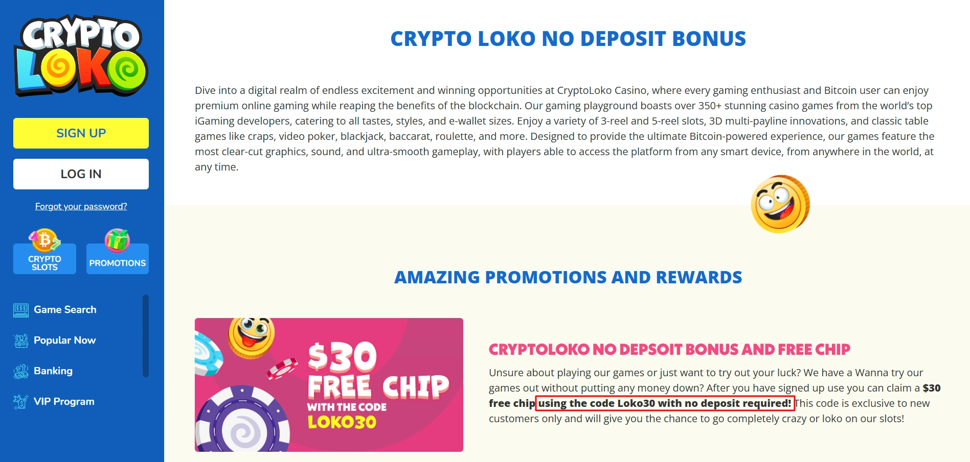 Crypto Loko Casino no deposit bonus page featuring the Loko30 bonus code