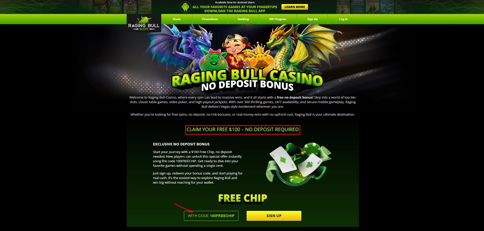 Raging Bull Slots registration page offering a $100 free chip bonus