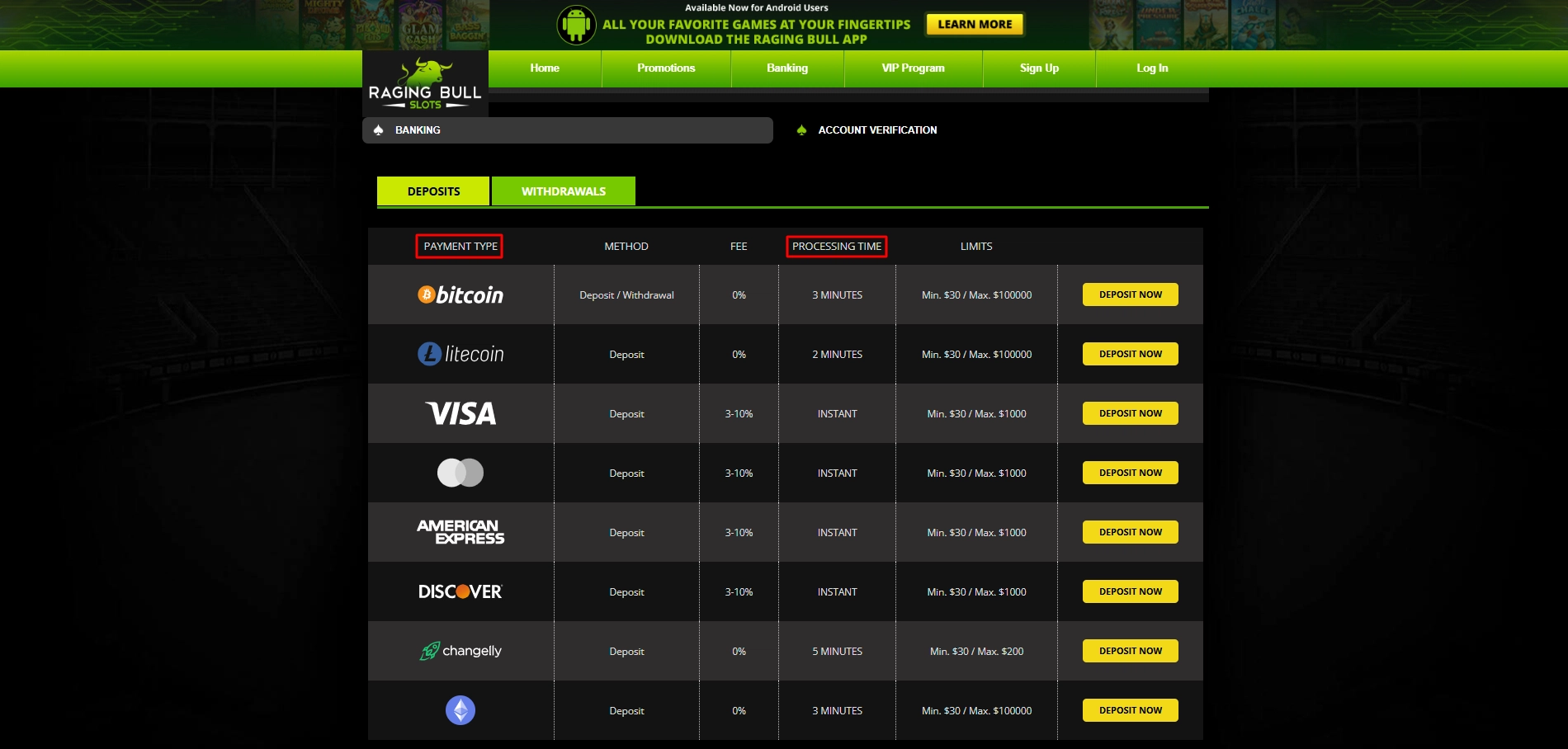 Raging Bull Slots banking page listing various payment methods and processing speeds