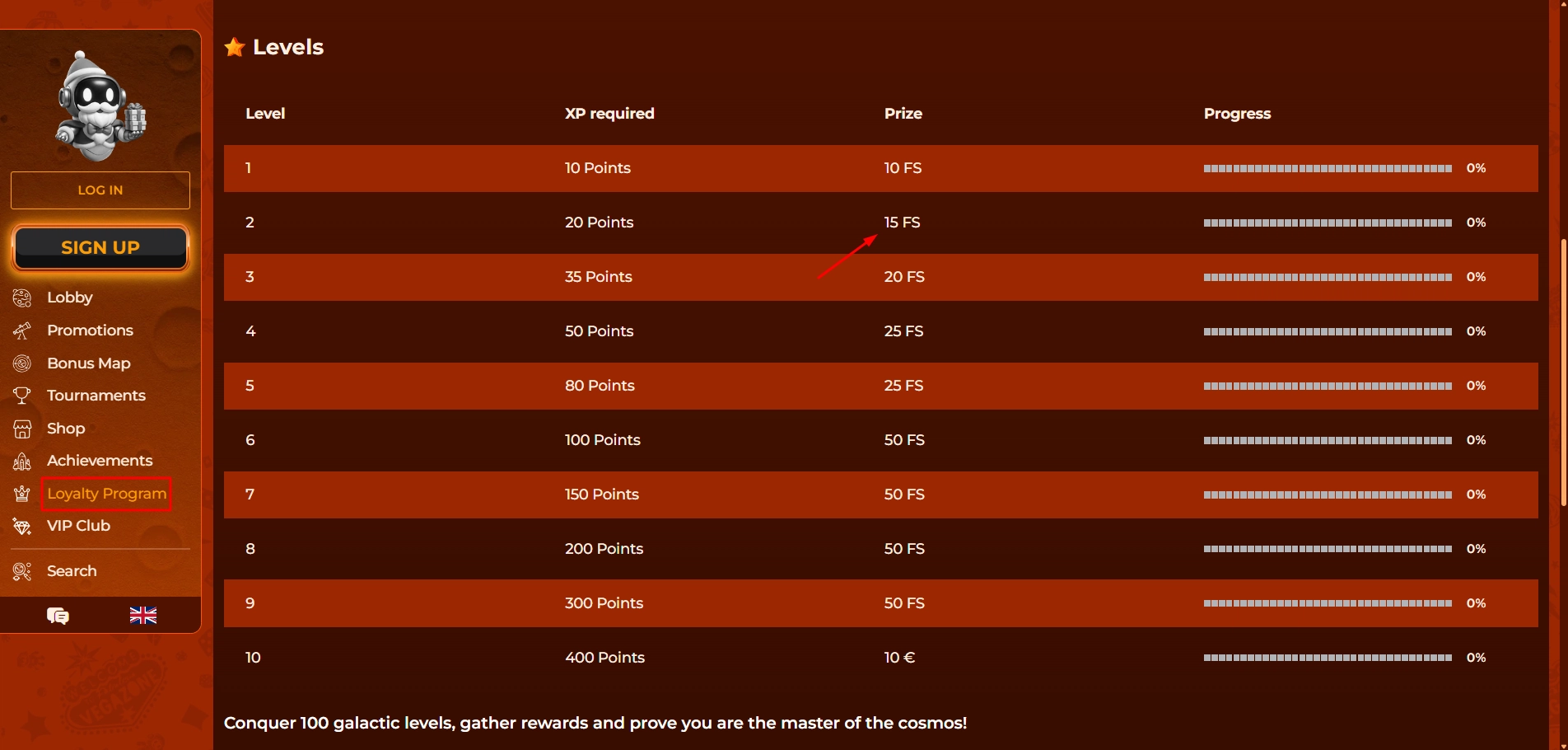 Vegazone Casino loyalty program displaying no deposit free spin level up rewards