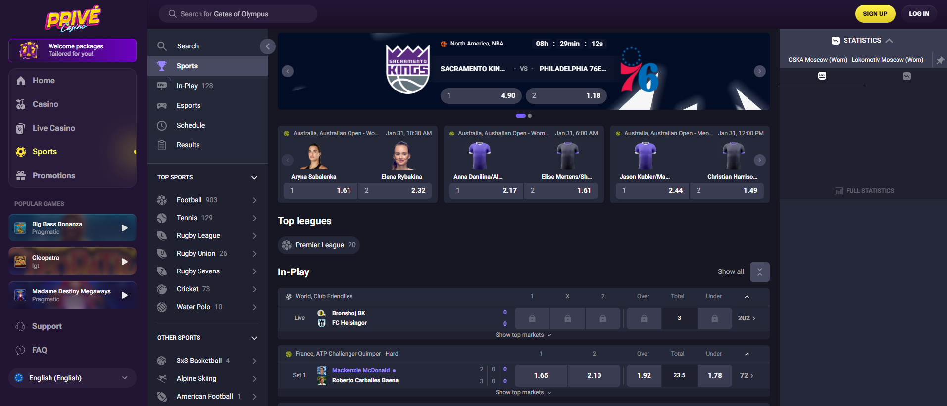 Interface de paris sportifs incluant les cotes en direct et les compétitions eSports