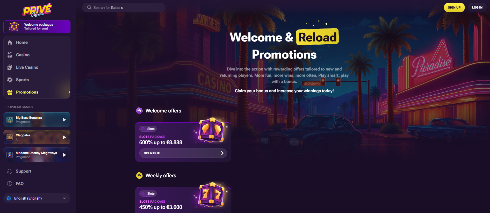 Affiche promotionnelle détaillant le bonus de bienvenue Privé Casino jusqu'à 8 888 euros