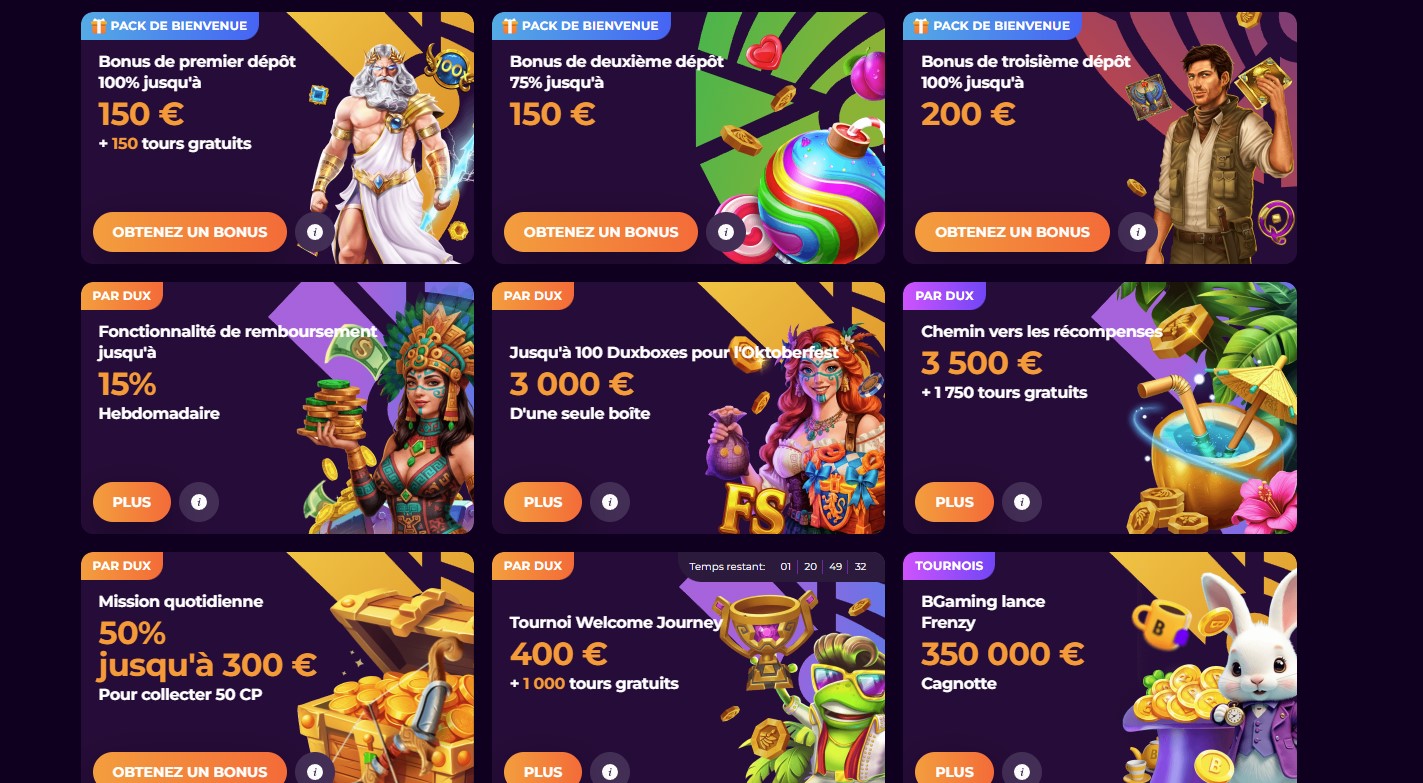 Profitez des promotions régulières et du pack de bienvenue avantageux chez Dux Casino