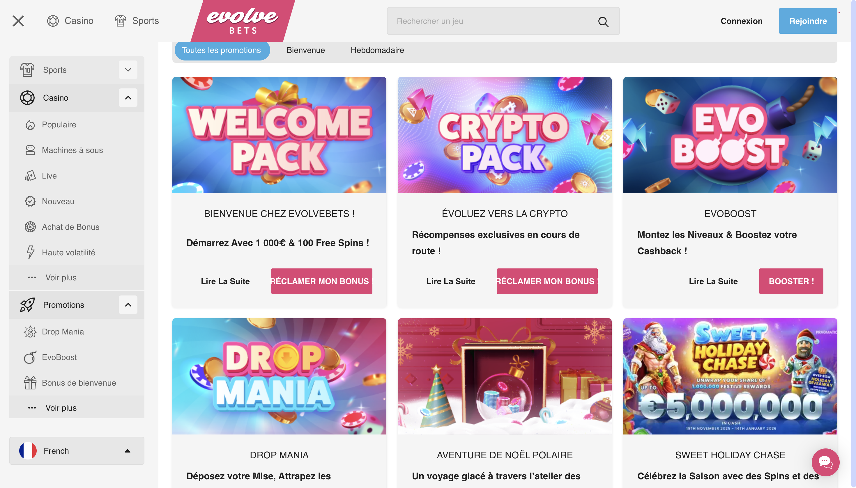 Sélection de bonus Evolve Casino