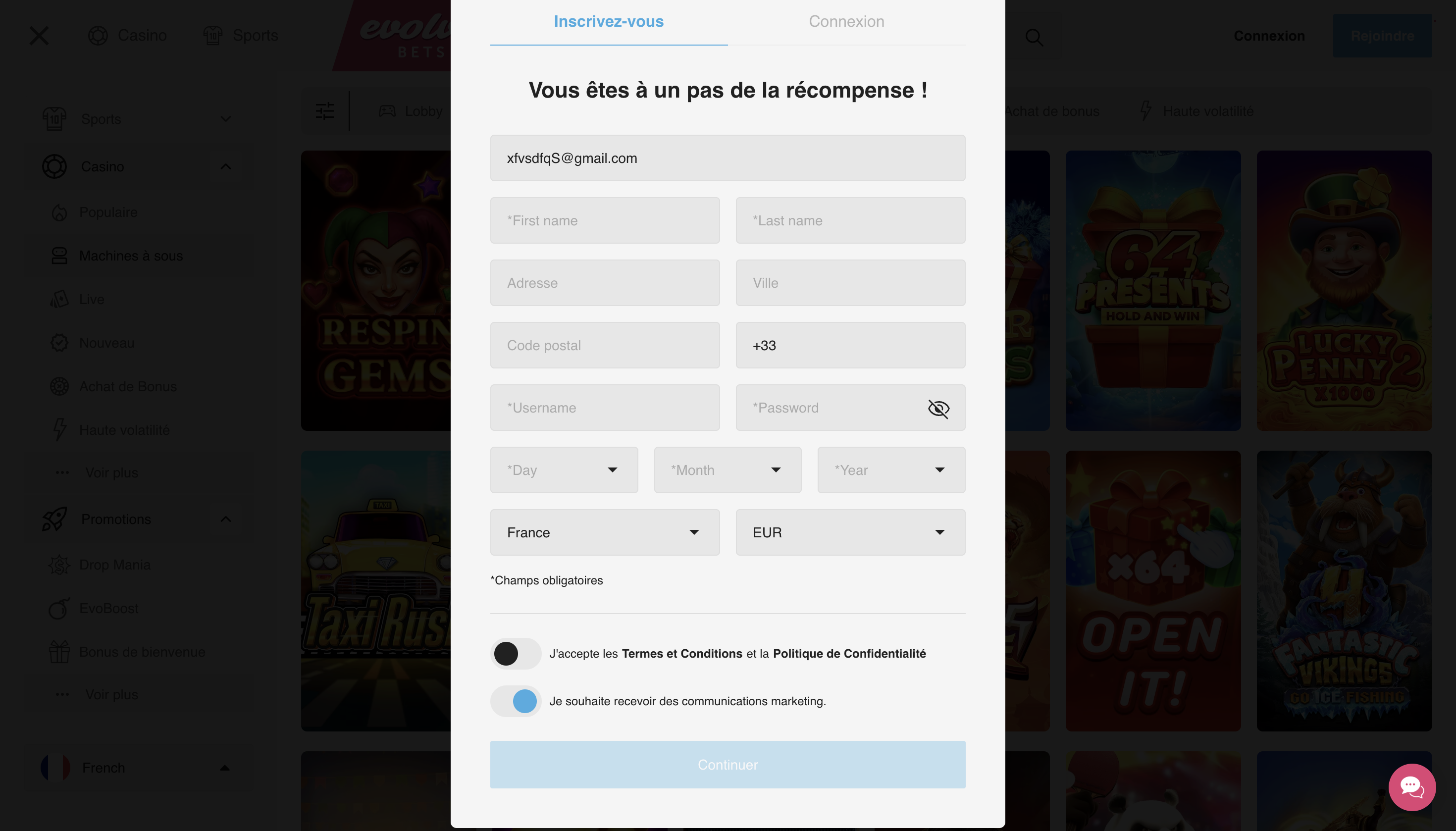 inscription à Evolve Casino