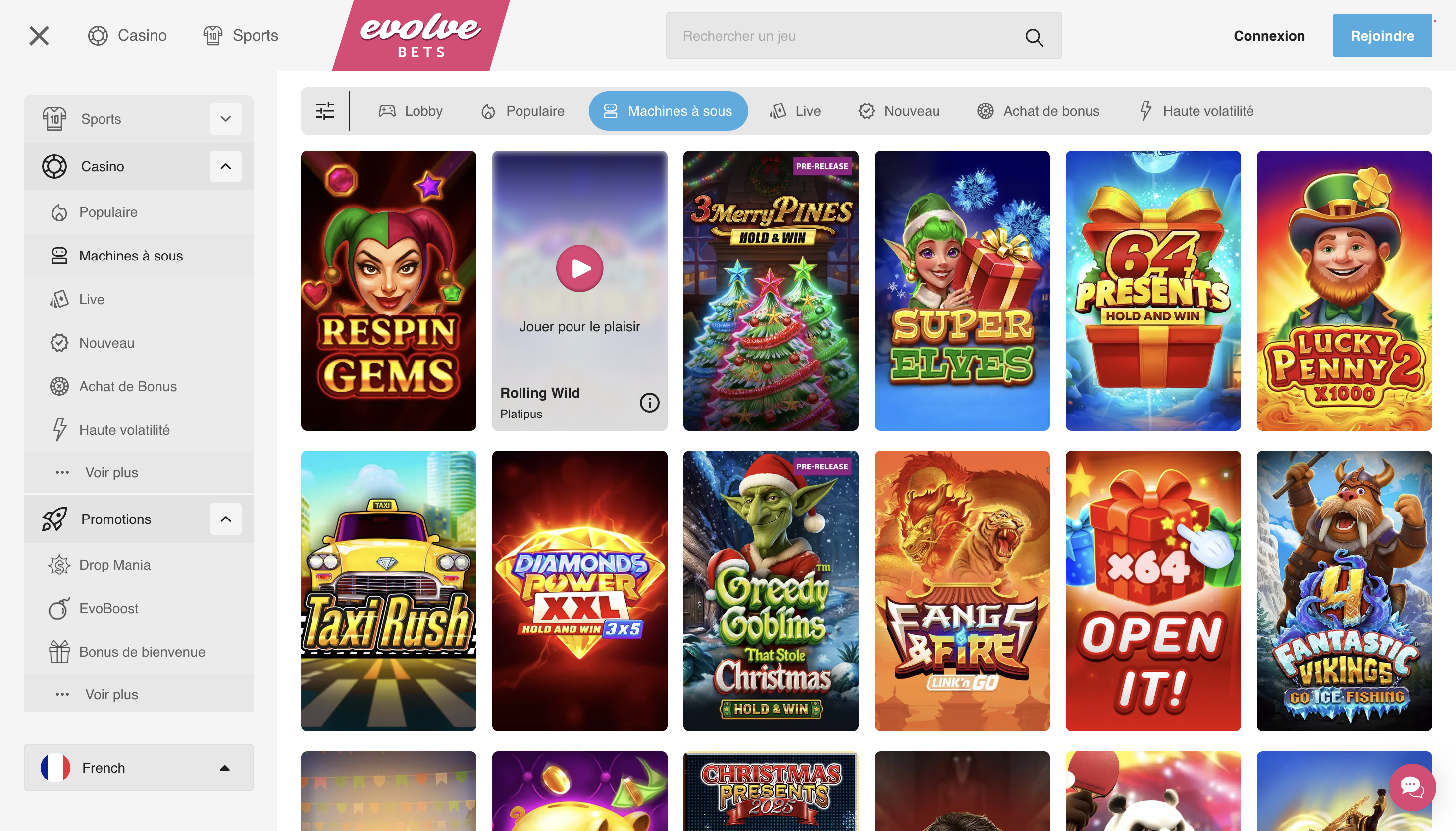 Sélection de jeux Evolve Casino