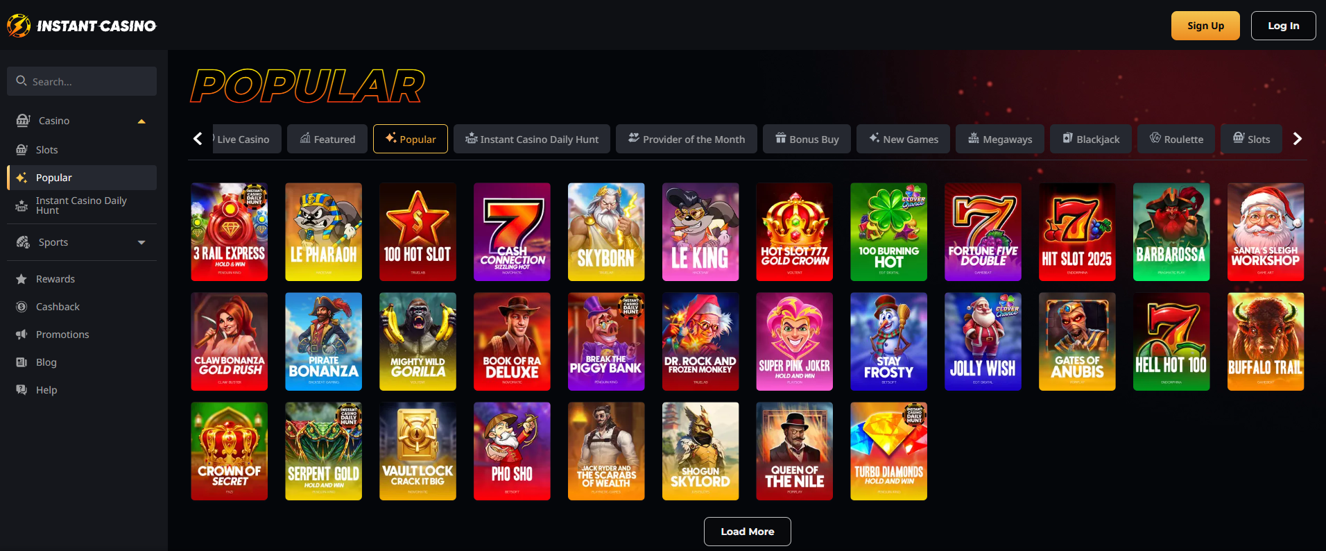 Aperçu des jeux populaires et du catalogue diversifié sur Instant Casino