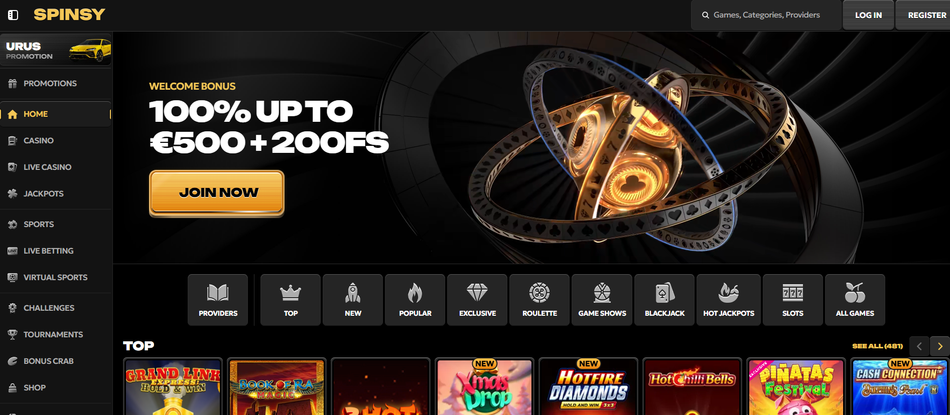 Aperçu de la page d'accueil de Spinsy Casino avec interface sombre et accents dorés élégants