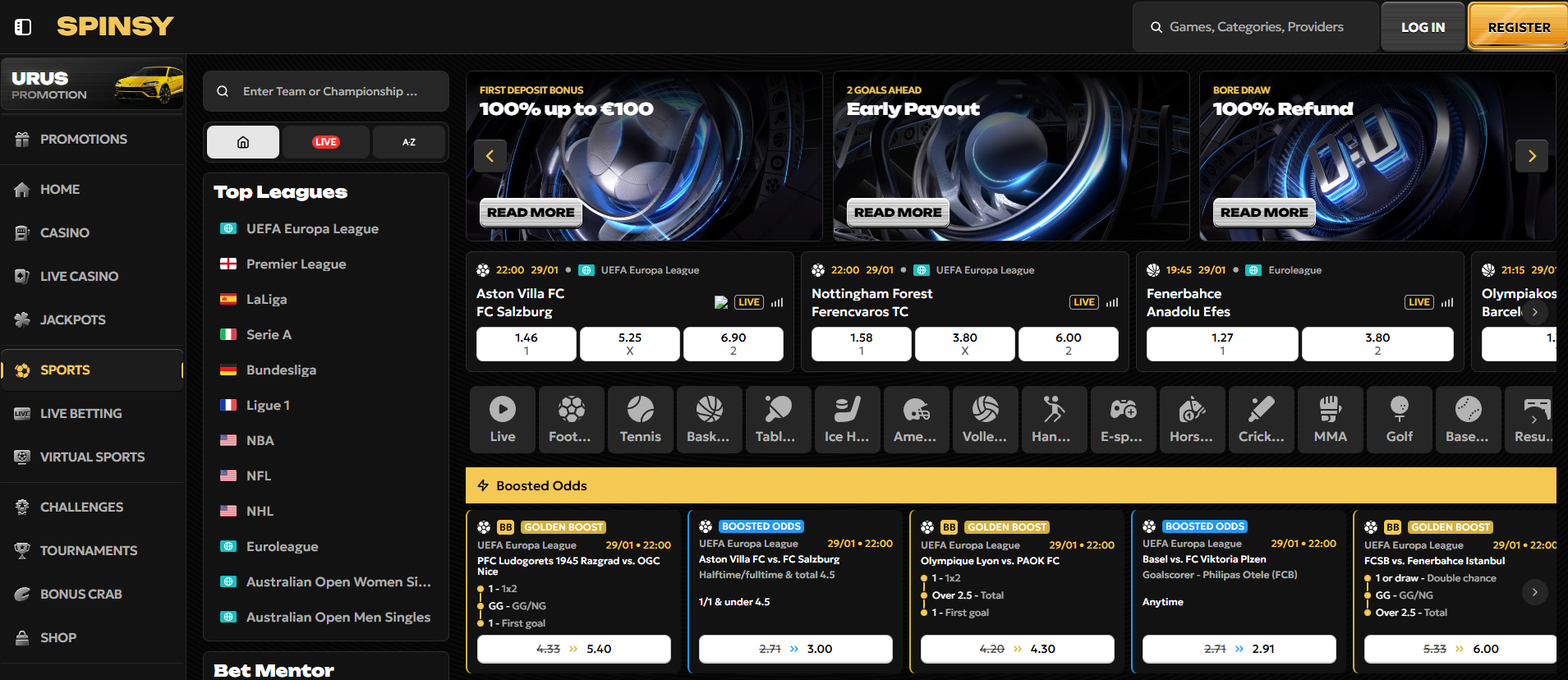 La plateforme multisports de Spinsy combinant paris sportifs et jeux de casino en ligne