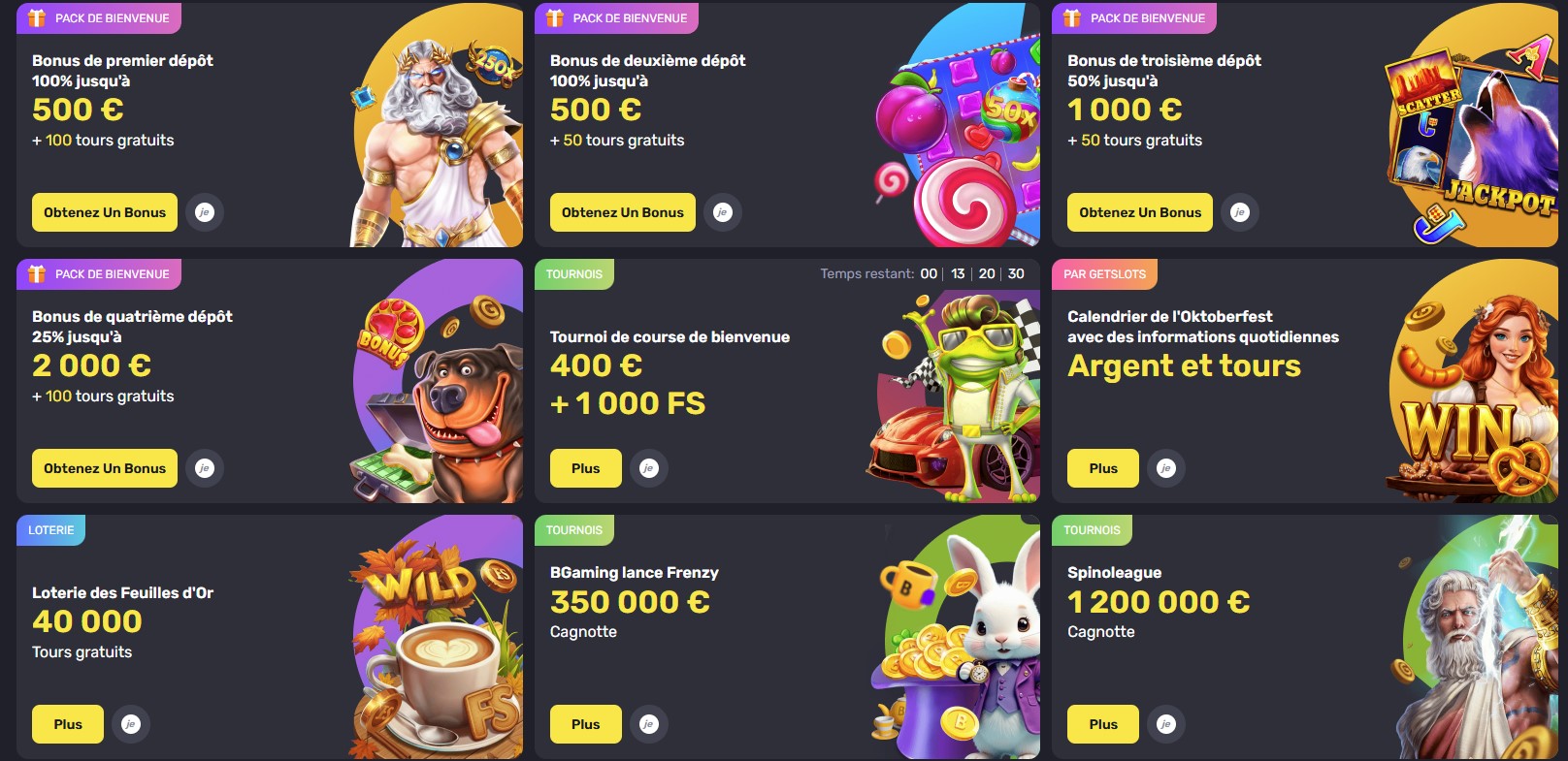 Aperçu des promotions régulières et tournois disponibles chaque semaine sur Getslots.