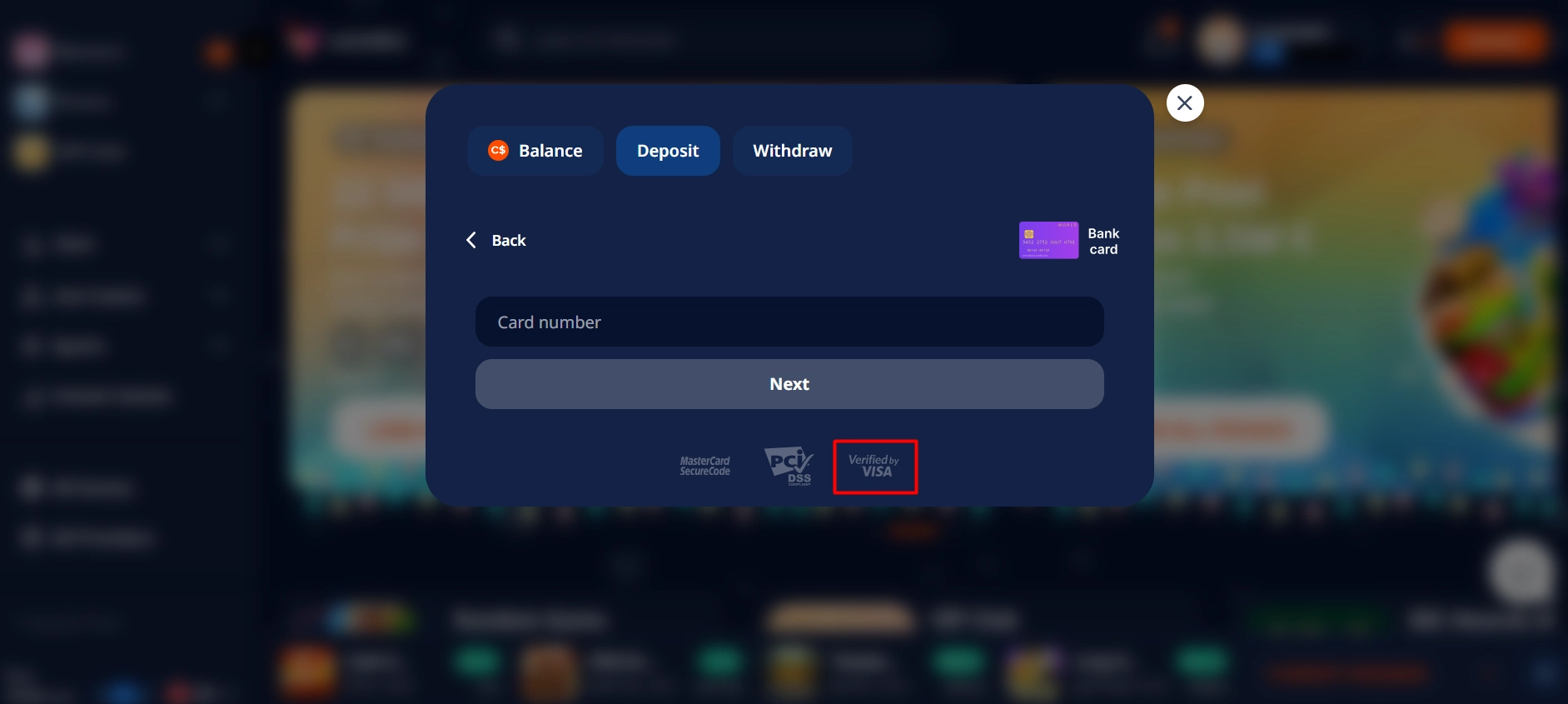 Entering Visa card details in a secure casino deposit window verified successfully.
