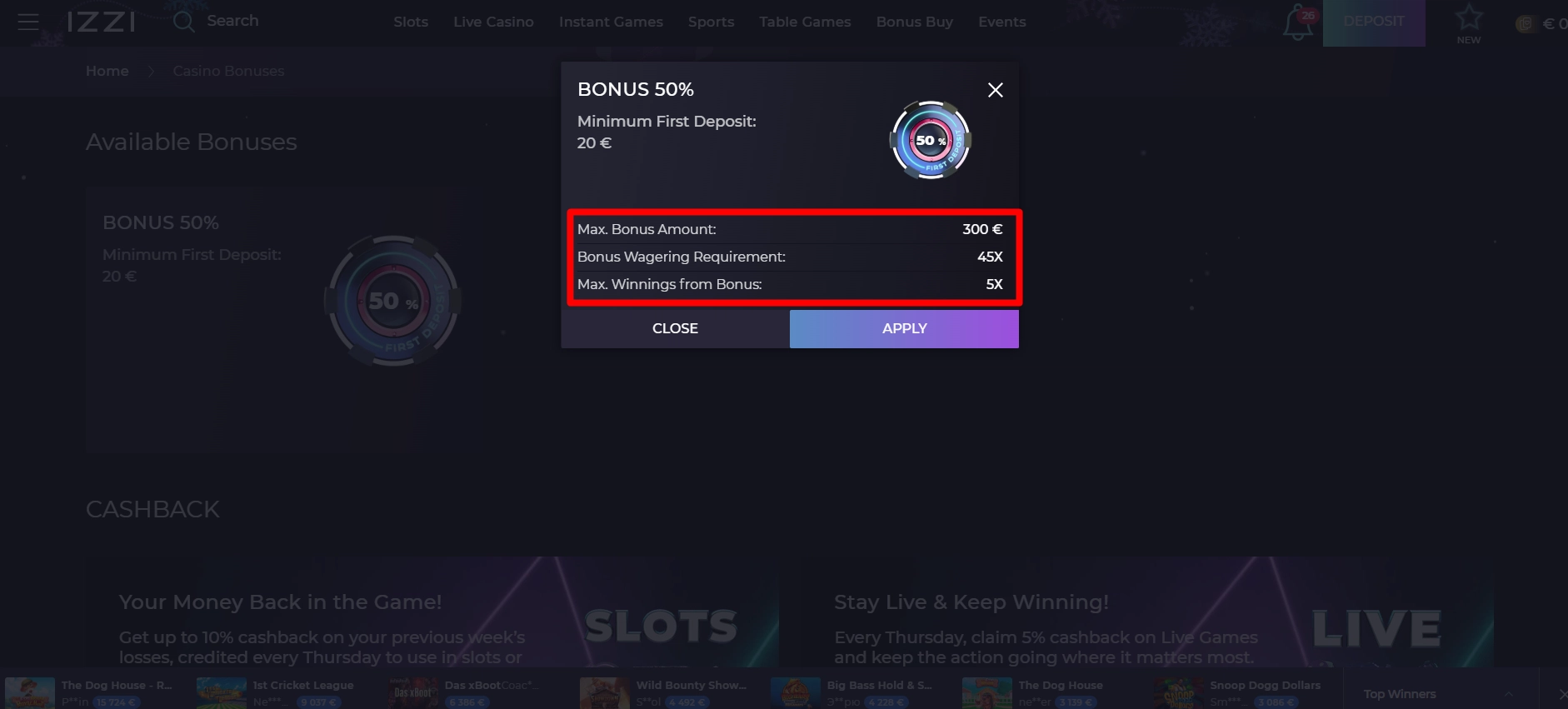 Izzi casino bonus window specifying important wagering requirements and maximum payout limits.
