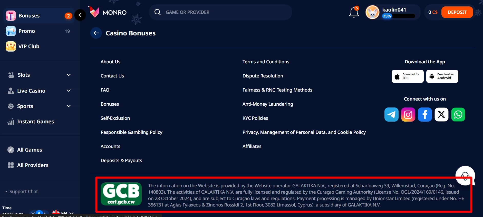 Monro casino footer validating the official Curacao eGaming authority license details publicly.