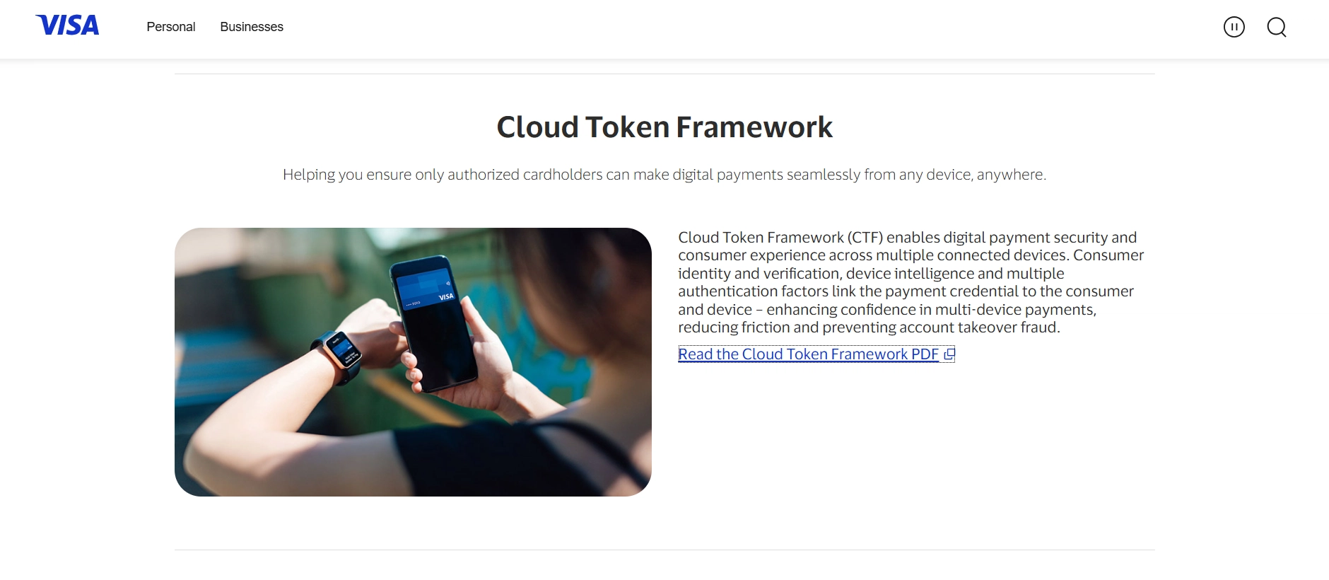 Visa Cloud Token framework page explaining advanced digital payment security across devices.