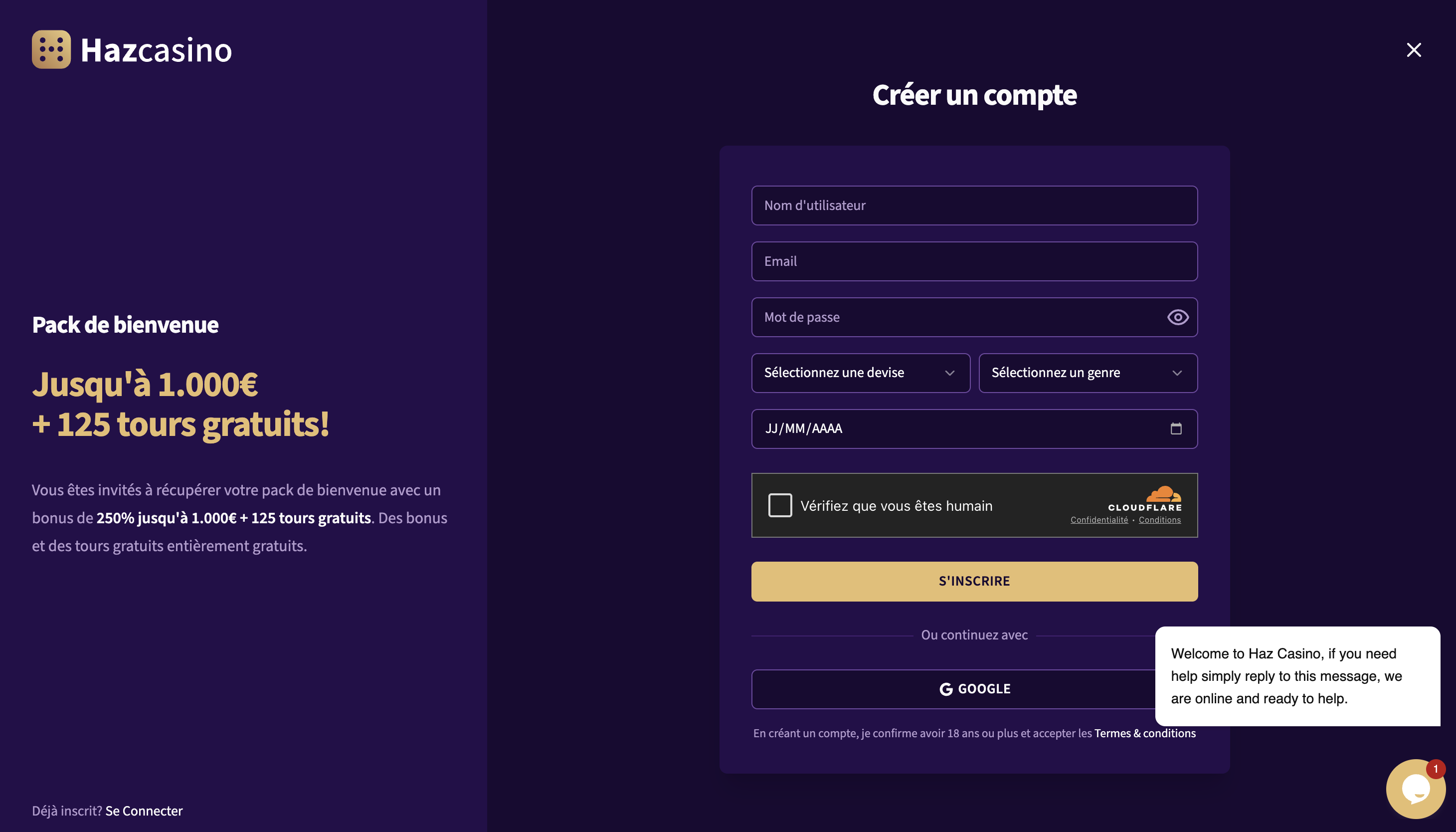 Processus d'inscription Haz Casino