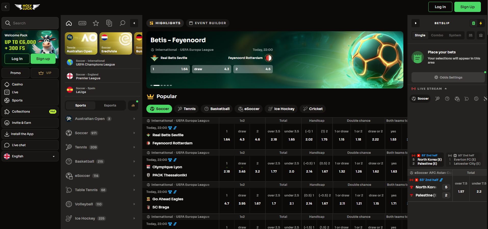 Interface complète de paris sportifs Holyluck couvrant plus de quarante disciplines mondiales.