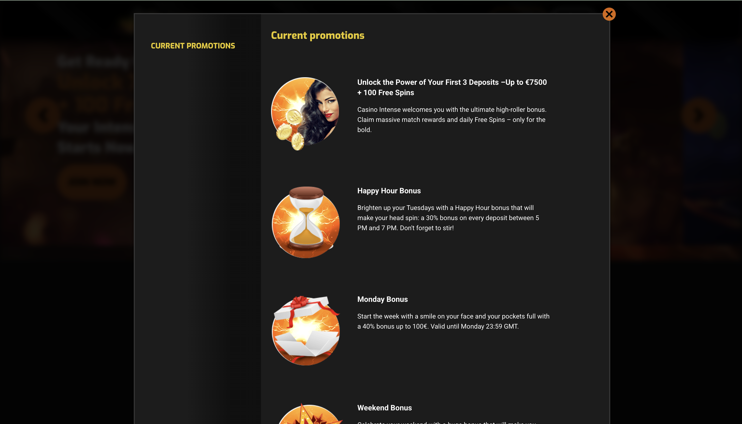 Bonus et promotions Intense Casino