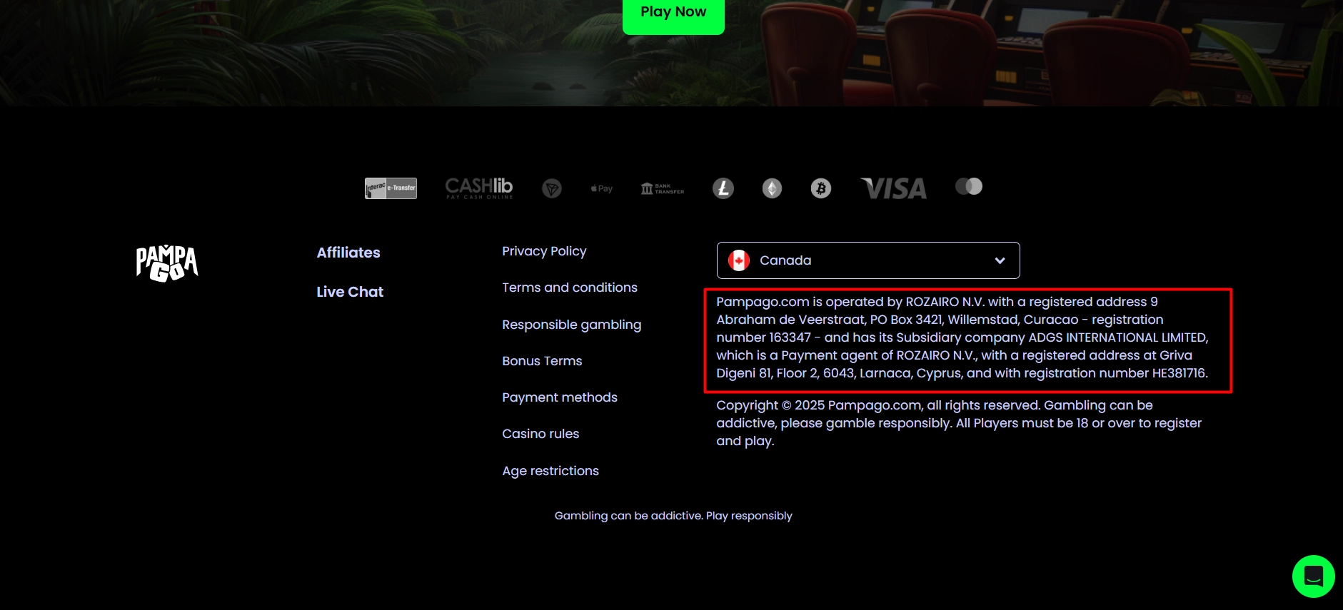 Verifying online casino licensing and ownership details in page footer section