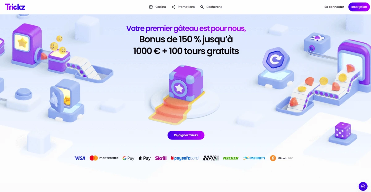 Site officiel Trickz Casino présentant l'offre de bienvenue et la licence estonienne