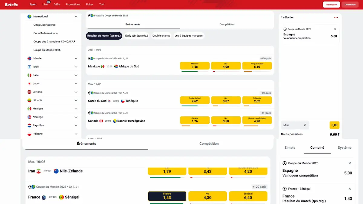 Interface Betclic Mondial 2026