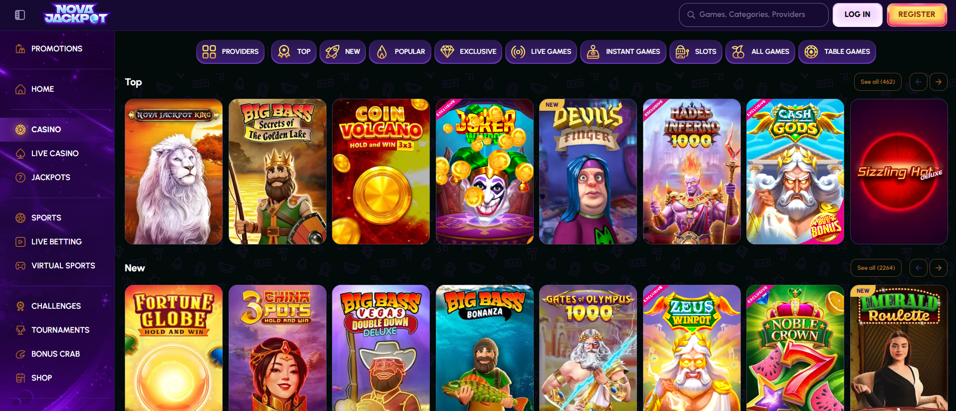 Interface moderne du casino en ligne Nova Jackpot présentant des jeux variés et colorés