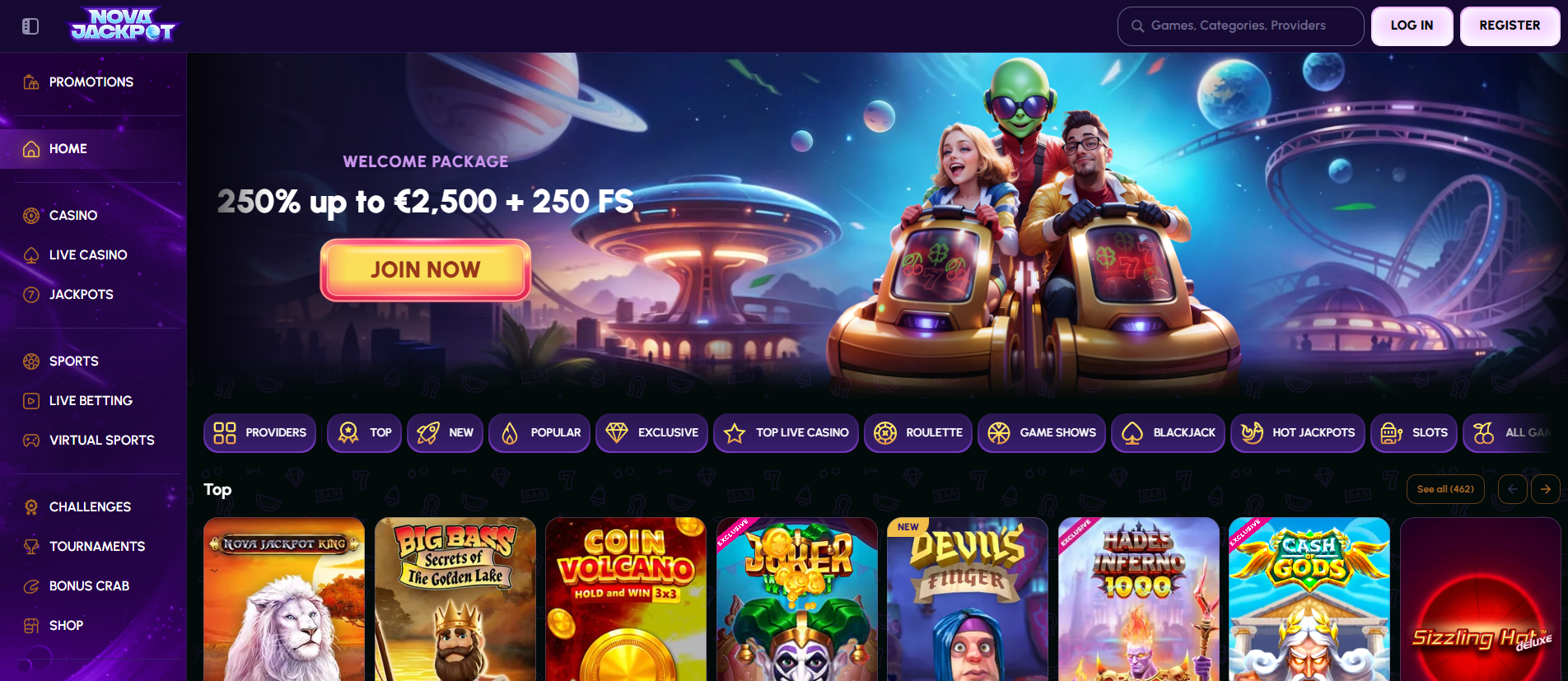 Aperçu de la page d'accueil galactique de Nova Jackpot France en version 2026